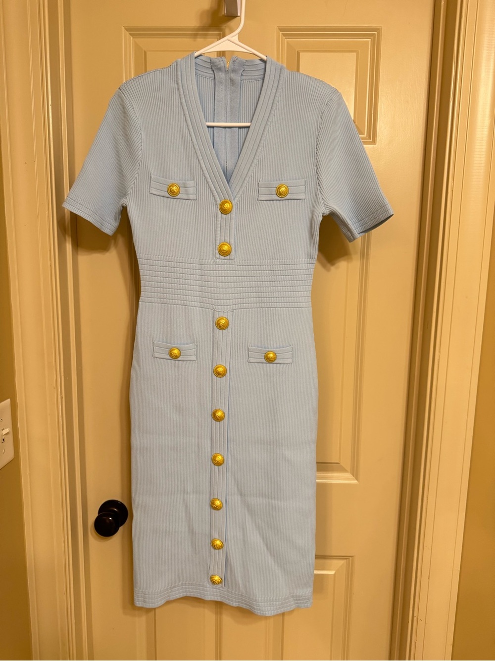 Light Blue Short-Sleeve Button-Front Knit Dress with Gold Buttons